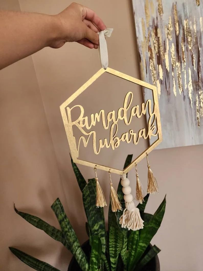 Haoser wooden Golden ramadan mubarak decoration |Ramadan Mubarak Wall Hang-Ramadan Wreath|ramadan decorations for home,ramzan decoration items, islamic decorative items for home,eid Gift Items - Image 3