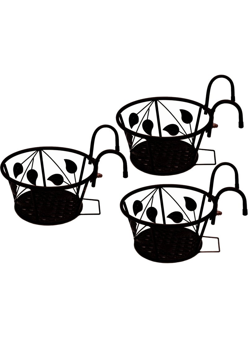 Soofam Iron Art Metal Railing Flower Pot Hanging Basket for Indoor Pot Holder Hanger 3 Pack Outdoor Plants Perfect for Porches and Patio Decor Leaf Pattern (Black) - Image 1