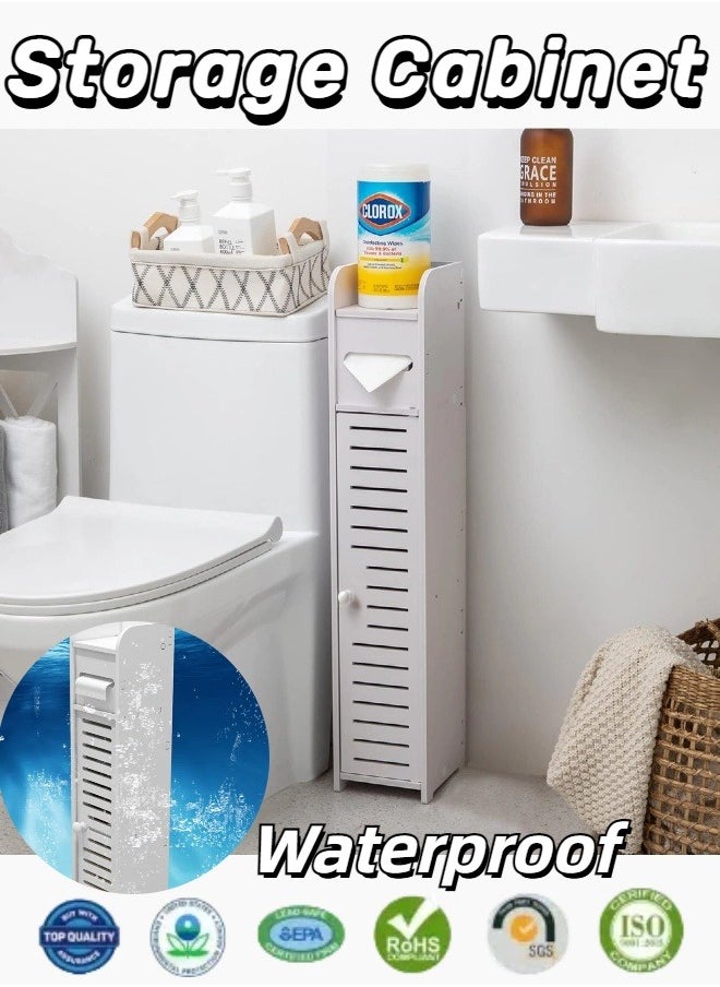 Generic Small Bathroom Organiser for Tiny Bathrooms, Toilet Organiser, Slim Toilet Paper Organiser with Door, Corner Floor Cabinet, Vanity Organiser, White  - Image 1