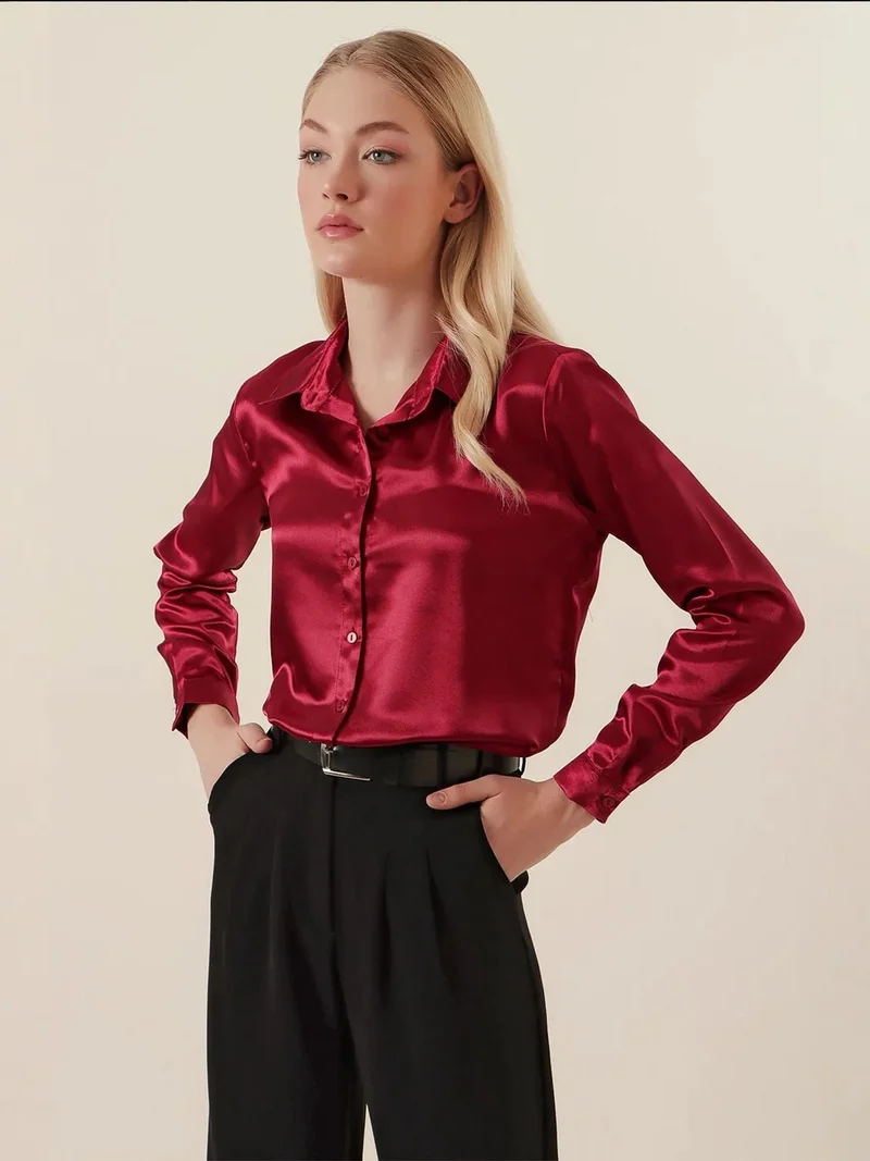 BIG DART BDART Satin Long Sleeve Button Up Shirt