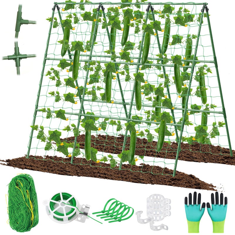 LifeisLuck Cucumber Trellis for Raised Beds, 45 x 53 Inch Adjustable Size A-Frame Garden Trellis for Climbing Plant Outdoors with Climbing Net and Plant Support Clip for Vegetable Grape Tomato Bean Pea - Image 1