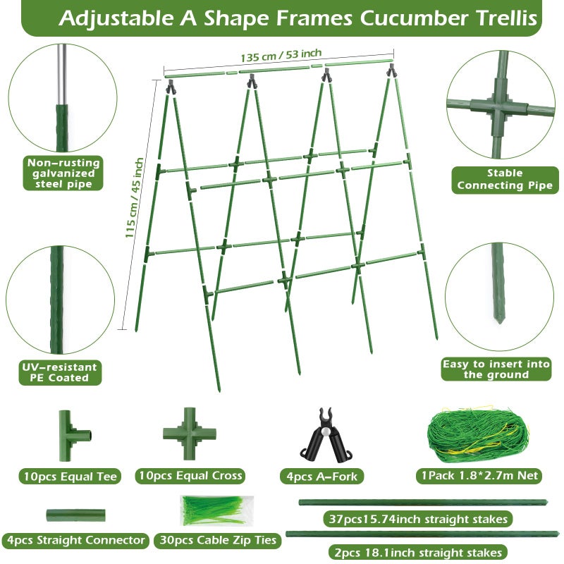 LifeisLuck Cucumber Trellis for Raised Beds, 45 x 53 Inch Adjustable Size A-Frame Garden Trellis for Climbing Plant Outdoors with Climbing Net and Plant Support Clip for Vegetable Grape Tomato Bean Pea - Image 2