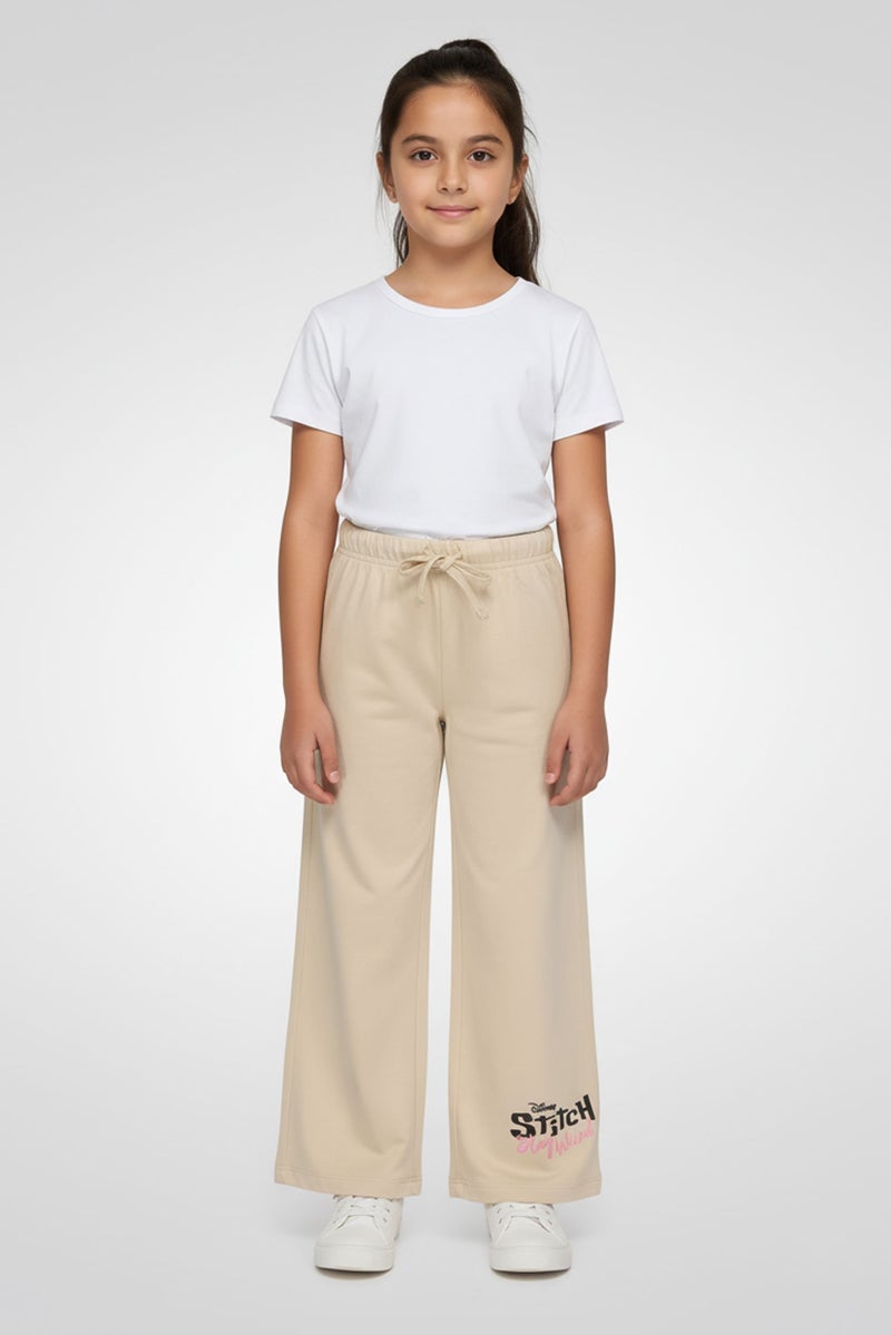Disney Kids Girl Regular Fit Graphic Print Wide Leg Pants, Beige - Image 1