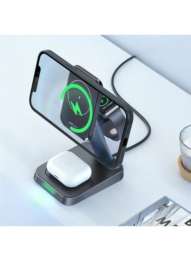 MUNTAQI E3 3-in-1 Wireless Charging Station Stand – Fast Charging Dock for iPhone, Apple Watch & AirPods, Foldable Magnetic Wireless Charger with LED Indicator, Compatible with MagSafe & Qi Devices - Image 2