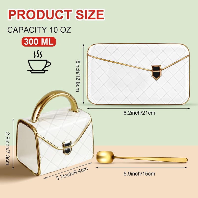 Zubebe Zubebe 1 Set Coffee Mug Elegant Handbag Shaped Cup Modern Ceramic Purse Mug with Spoon and Saucer 10oz Cute Creative Tea Cup for Office Home Woman Girls Gift White  - Image 2