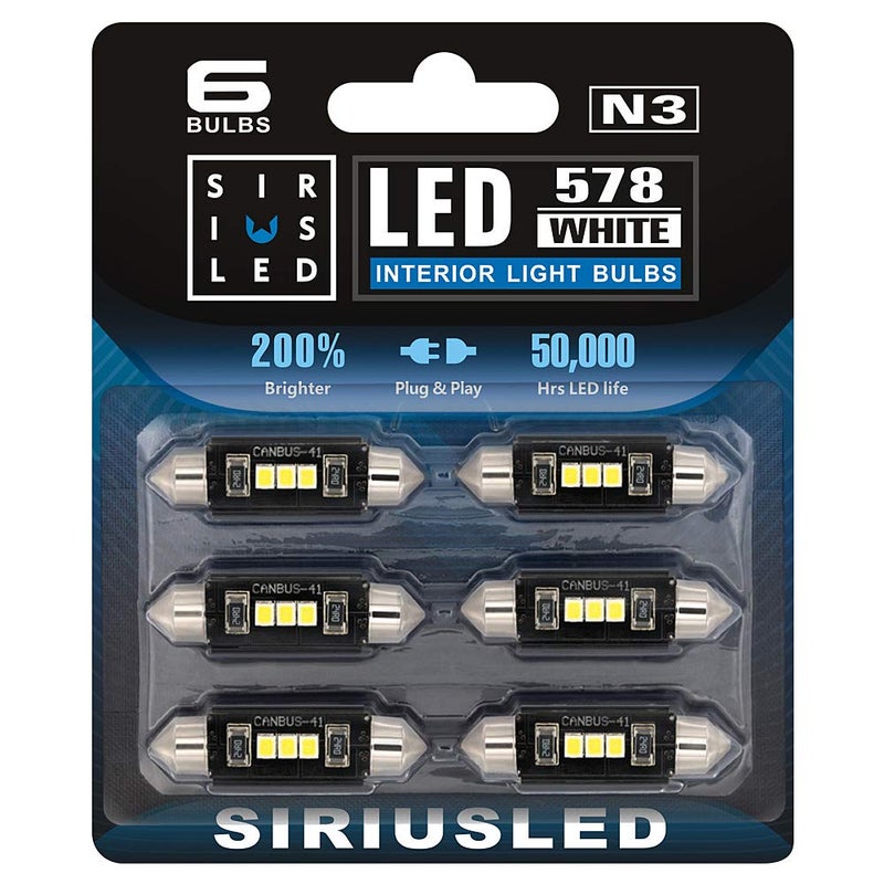 SIR IUS LED N3 578 LED bulbs Pure white Super Bright LED Festoon 300 Lumens 3030 Chipset for Car Truck Interiors Dome Map Door Courtesy Lights 172 41MM 2112 2122 569 size pack of 6