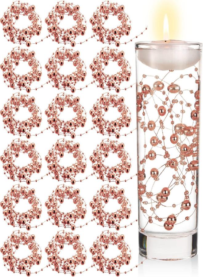 Hicarer 157 Feet 24 Strings Pearl String for Floating Candles Highlight Faux Pearl for Vase Filler for Wedding Dinning Table Party Home Centerpieces (Rose Gold)