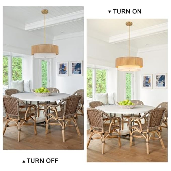 SineRise 18'' Farmhouse Rattan Chandeliers For Dining Room,3-Light Boho Light Fixtures Rattan Pendant Light Fixture With Fabric Shade Drum Chandeliers For Bedroom Dining Room Foyer Kitchen Hallway - Image 3