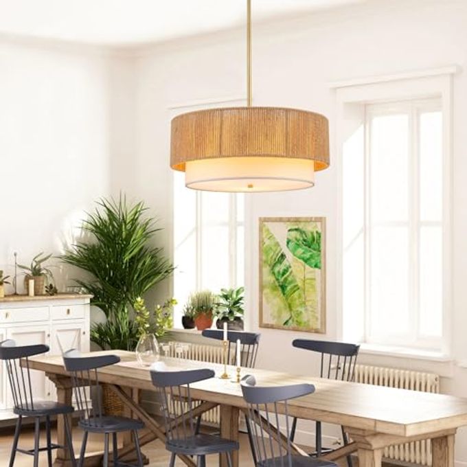 SineRise 18'' Farmhouse Rattan Chandeliers For Dining Room,3-Light Boho Light Fixtures Rattan Pendant Light Fixture With Fabric Shade Drum Chandeliers For Bedroom Dining Room Foyer Kitchen Hallway - Image 2