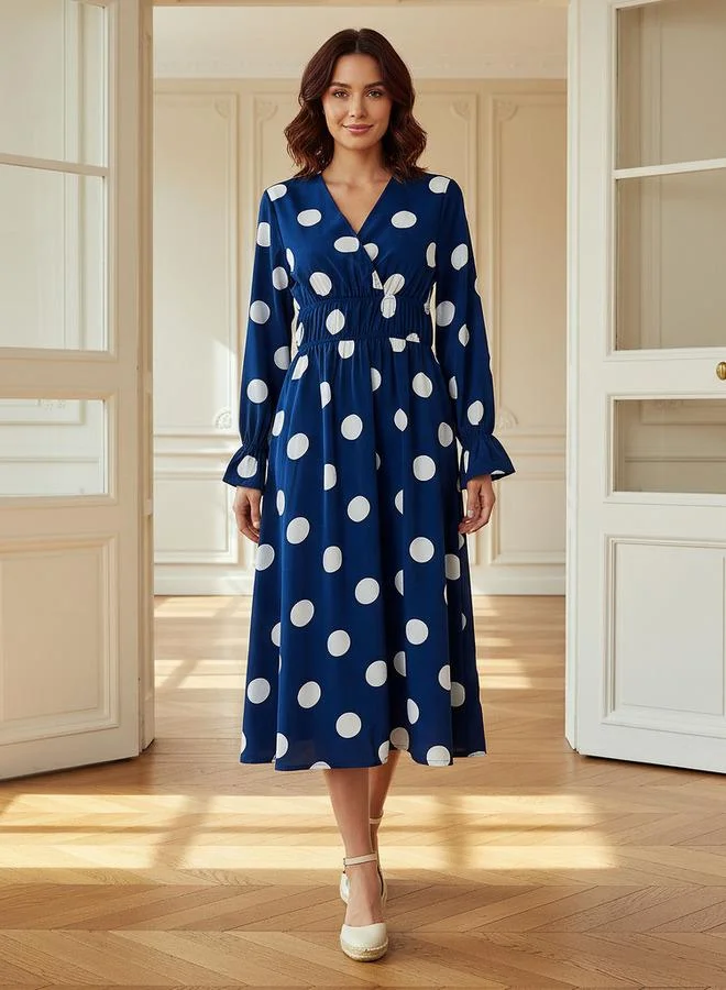 Splash FAV Polka Dot Print Midi Dress with Long Sleeves and Cinched Waist Detail