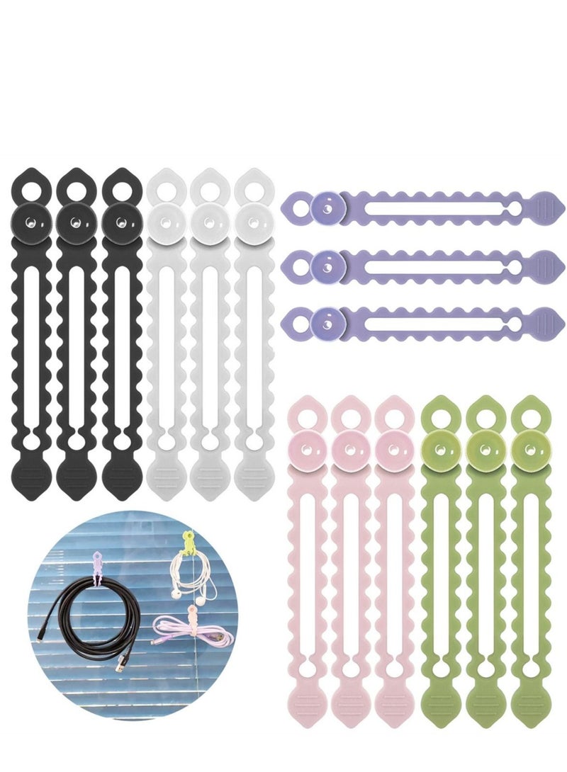 Captaintech 15 Pcs Silicone Cable Ties, 5 Color Reusable Cord Organizer for Desk,Wire Cord Organizer for Home Office travel (Black White Pink Purple Green) - Image 1