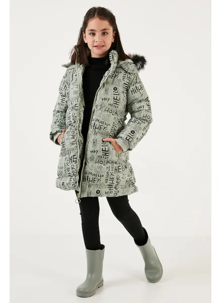 Lela Faux Fur Collar Text Printed Removable Hooded Plush Lined Winter Coat Girl's Coat 5761984