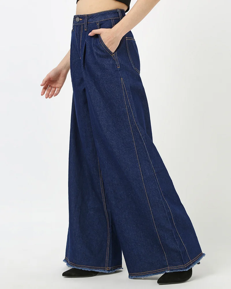 bewakoof Women's Blue Washed Flared Korean Jeans