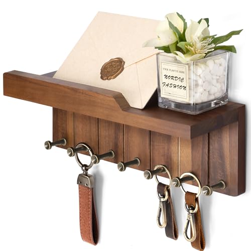 Rebee Vision Farmhouse Key Holder Wall Mount Decorative Mail Organizer with 7 Key Hooks and Wall Shelf Rustic Home Decor for Apartment Essentials Acacia Wood - Image 1