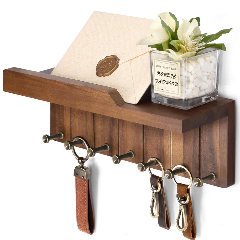 Rebee Vision Farmhouse Key Holder Wall Mount Decorative Mail Organizer with 7 Key Hooks and Wall Shelf Rustic Home Decor for Apartment Essentials Acacia Wood - Image 2