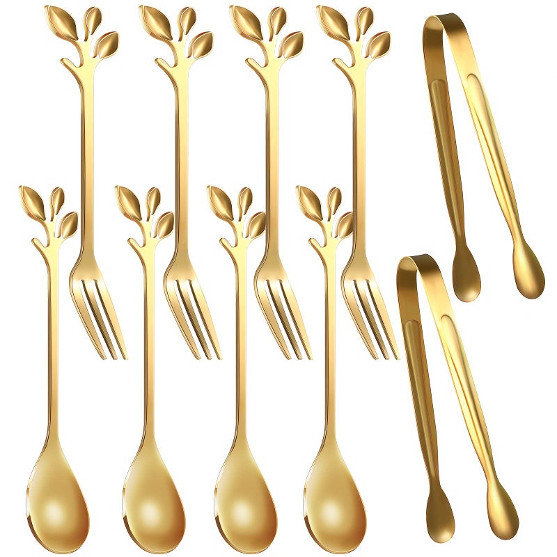 Sieral Sieral 10 Pieces Leaf Coffee Spoons Mini Serving Tongs and Appetizer Forks Stainless Steel Sugar Cube Tongs Dessert Spoons Metal Dinner Forks for Dessert Coffee Tea Gold 