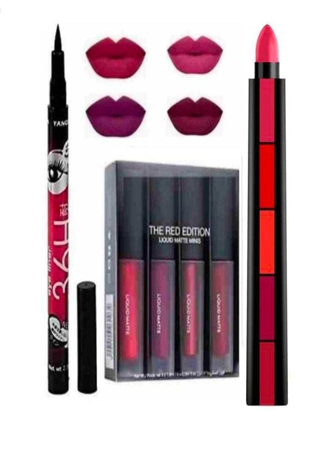 PROTYA Combo Pack of 4Pcs Mini Liquid Lipstick with 5in1 Lipstick and 1 Liner (Red Edition, 30 ml) - Image 1