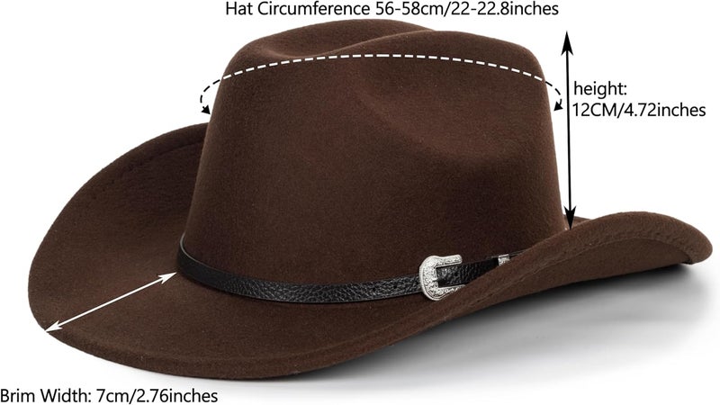 CaySep Classic Western Cowboy Hat for Women and Men Roll Up Wide Brim Felt Fedora Hats Cowgirl Hat with Belt Buckle(M-L) - Image 2