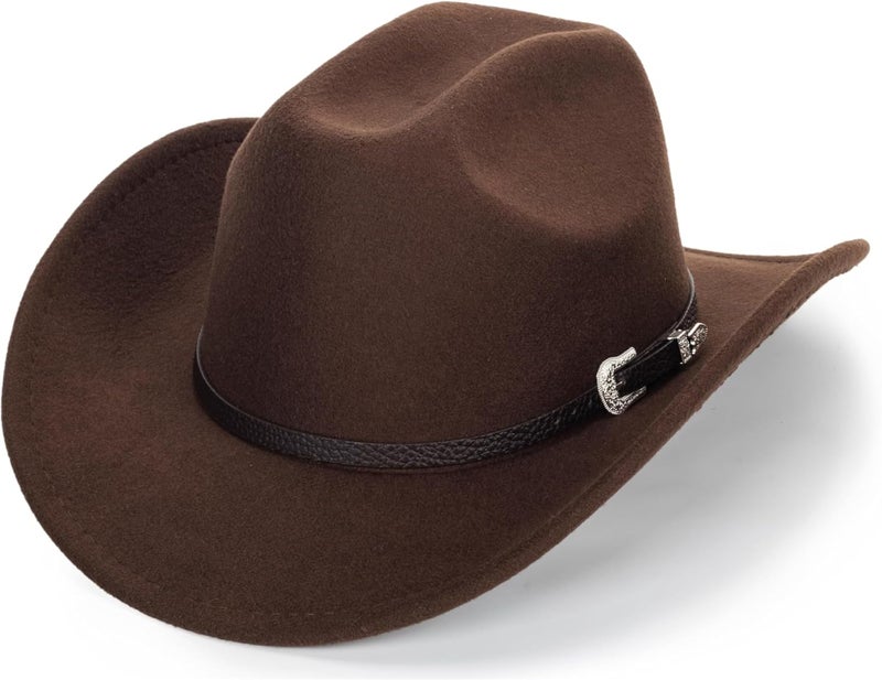 CaySep Classic Western Cowboy Hat for Women and Men Roll Up Wide Brim Felt Fedora Hats Cowgirl Hat with Belt Buckle(M-L) - Image 1