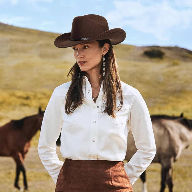 CaySep Classic Western Cowboy Hat for Women and Men Roll Up Wide Brim Felt Fedora Hats Cowgirl Hat with Belt Buckle(M-L) - Image 3