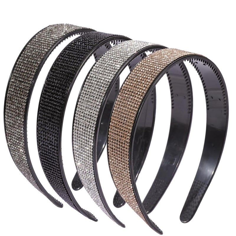 4PCS Solid Rhinestone Headbands for Women Girls Fashion Sparkly Headband with Teeth Glitter Hairbands Non Slip Hair Hoop Bling Decorative Hair Accessories for Ladies