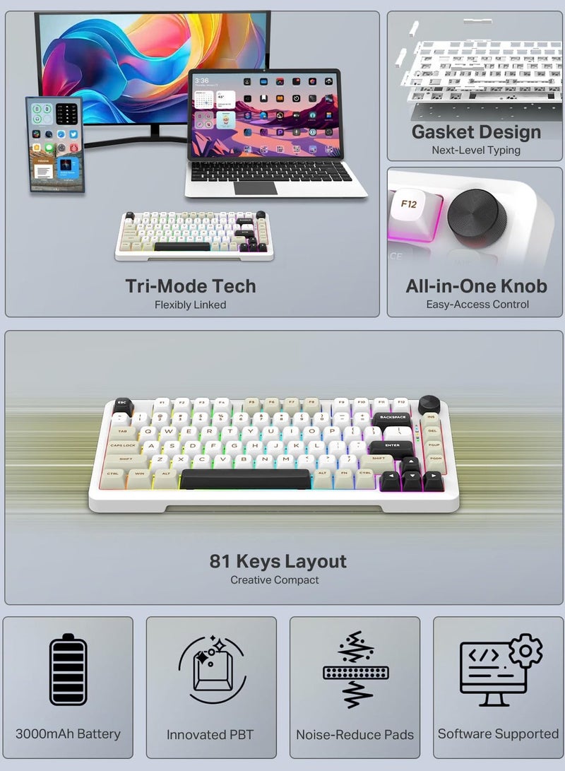 E-YOOSO Z82 Wireless Mechanical Keyboard, 75% Gasket Hot Swappable RGB Gaming Keyboard, 3-Modes 81 Keys Compact Mechanical Keyboard with Dedicated Knob Control and Sound Absorbing Pads, PBT Keycaps  - Image 4