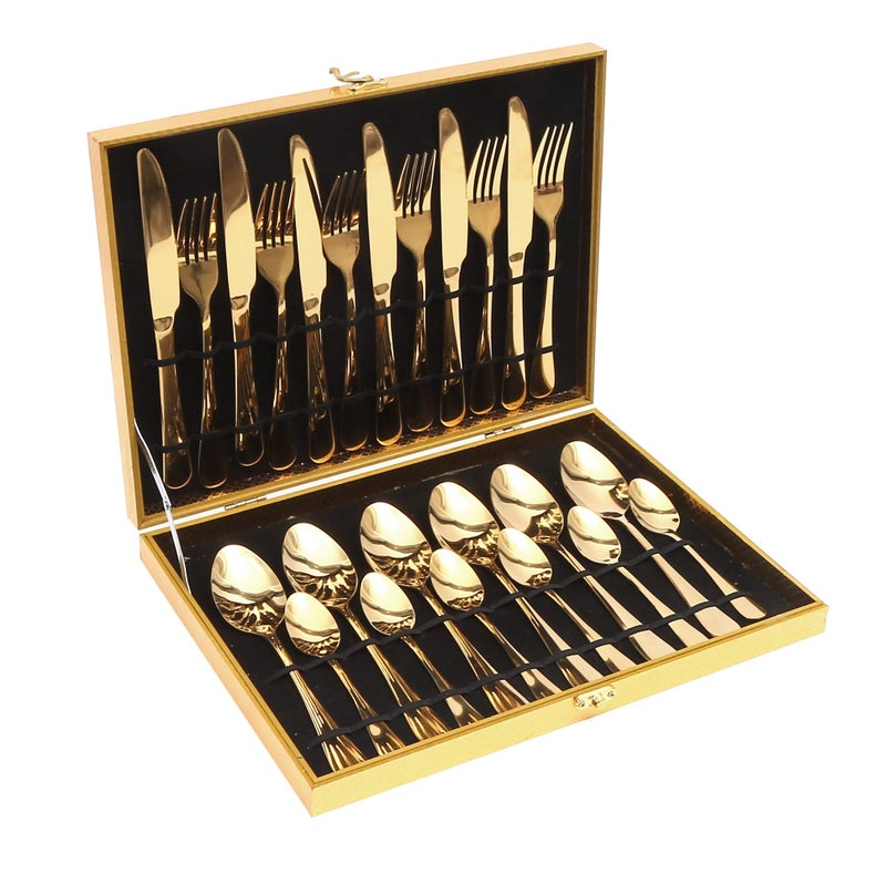 Lightahead 24pcs Stainless Steel Flatware Tableware Premier Quality Gold Colored Cutlery Set in attractive GoldenGift box (Golden) - Image 1