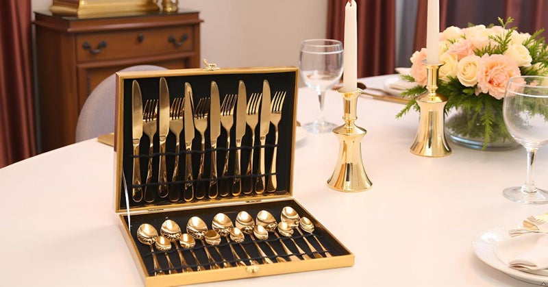 Lightahead 24pcs Stainless Steel Flatware Tableware Premier Quality Gold Colored Cutlery Set in attractive GoldenGift box (Golden) - Image 2