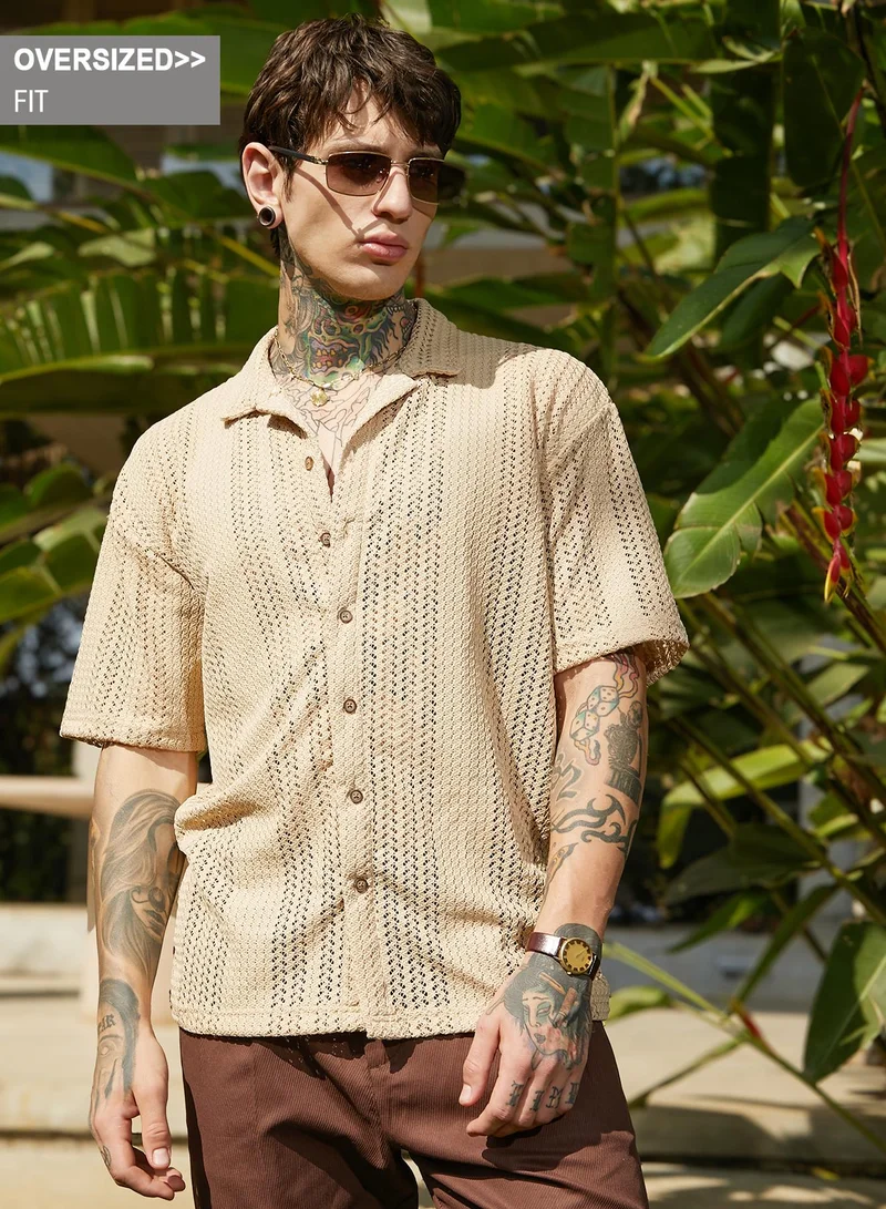 Campus Sutra Campus Sutra Men's Buff Beige Ziggy-Knit Oversized Shirt For Casual Wear | Cuban Collar | Short Regular Sleeves | Button Closure | Oversized Shirt Crafted With Comfort Fit For Everyday Wear