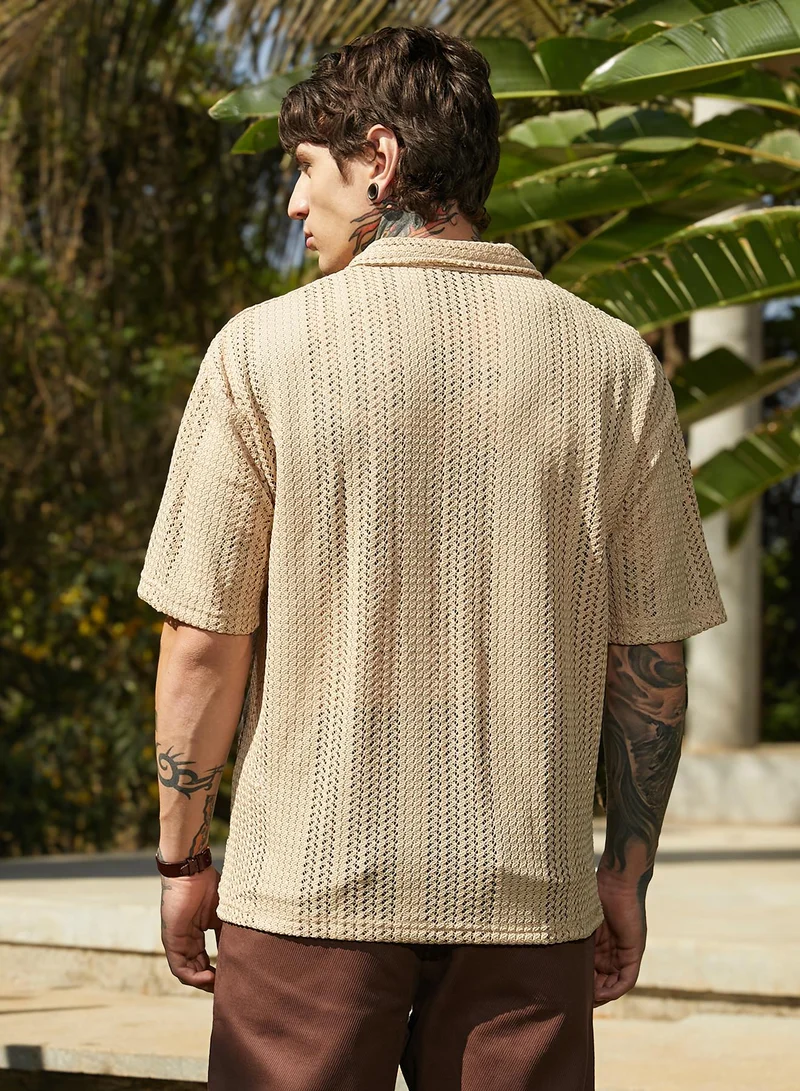 كامبوس سوترا Men's Buff Beige Ziggy-Knit Oversized Shirt