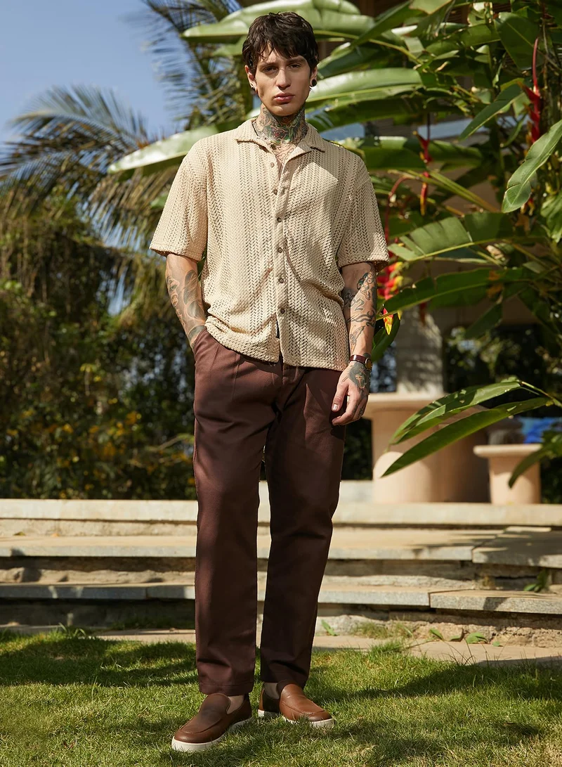 كامبوس سوترا Men's Buff Beige Ziggy-Knit Oversized Shirt