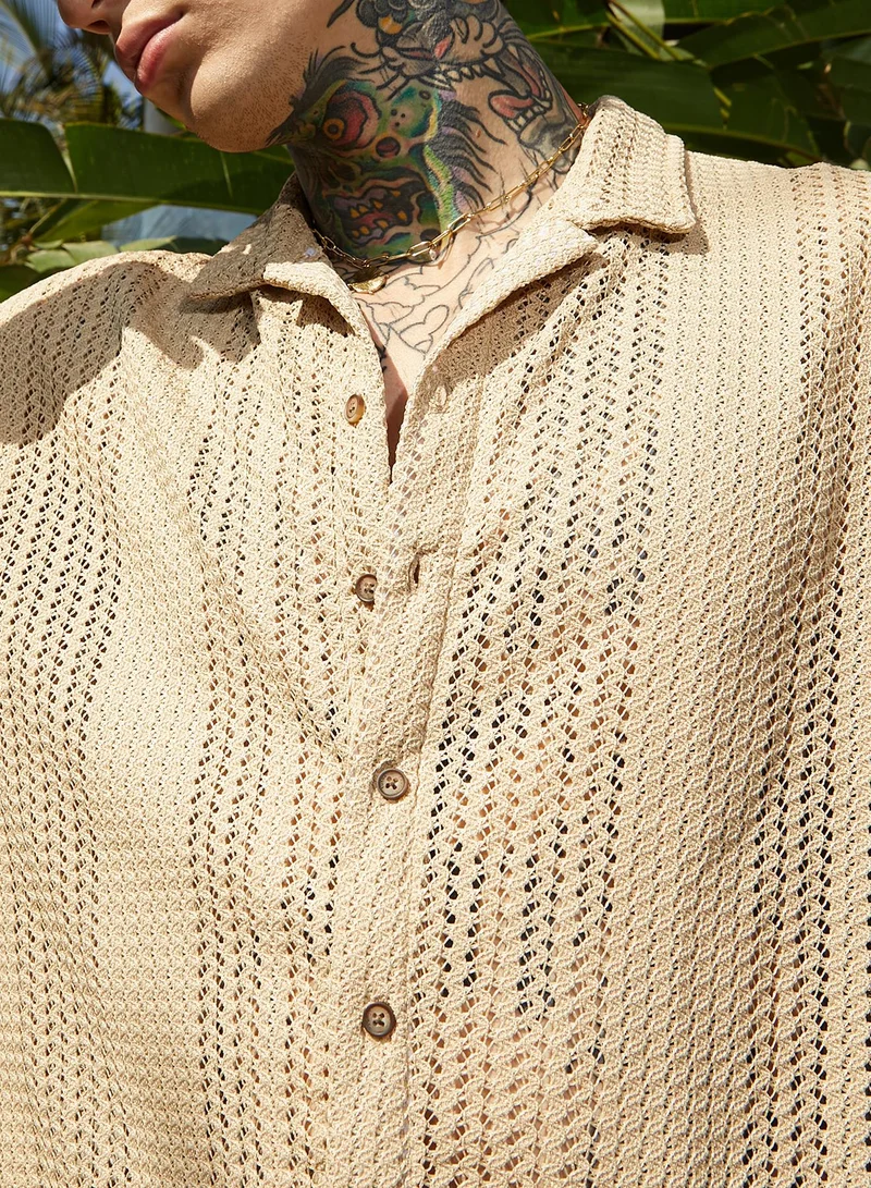 كامبوس سوترا Men's Buff Beige Ziggy-Knit Oversized Shirt