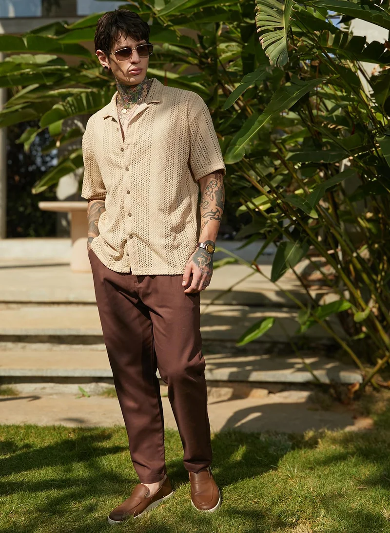 كامبوس سوترا Men's Buff Beige Ziggy-Knit Oversized Shirt