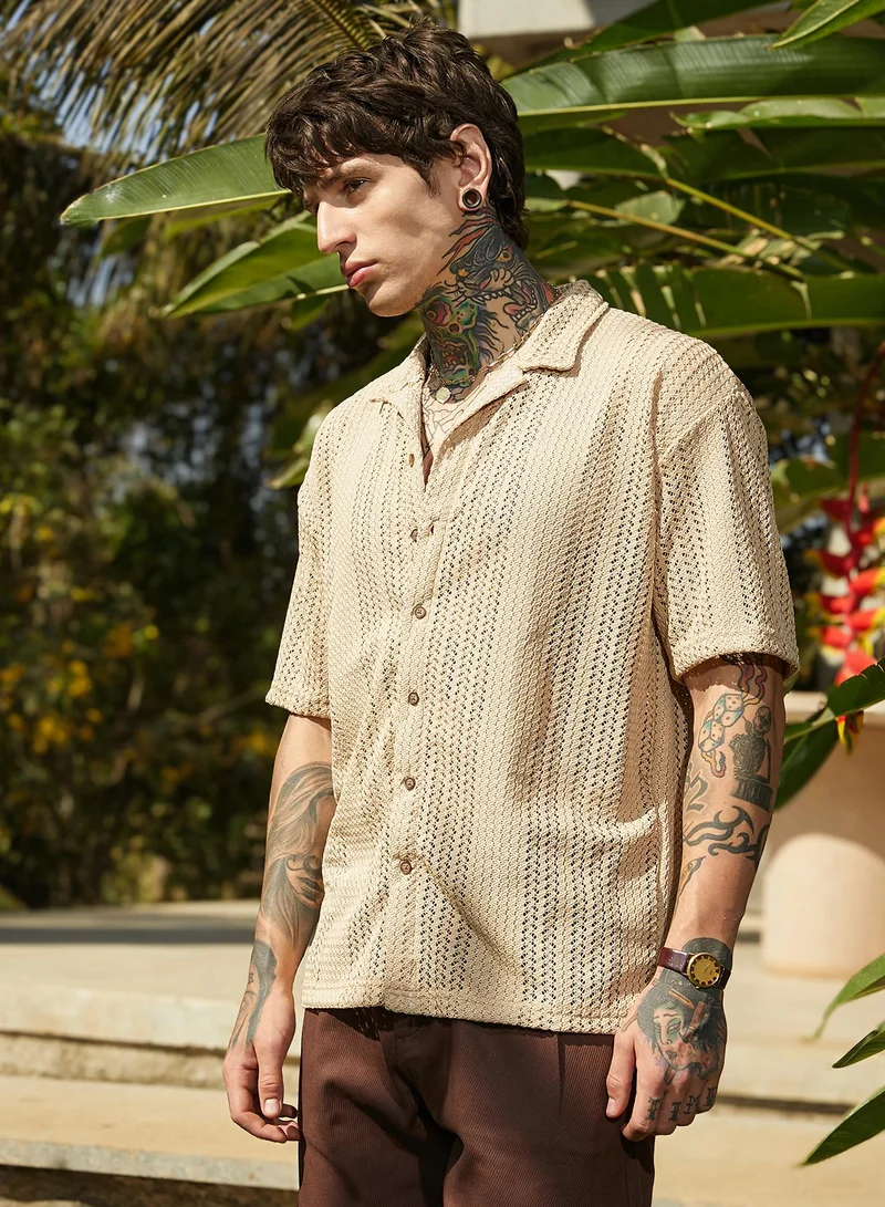 كامبوس سوترا Men's Buff Beige Ziggy-Knit Oversized Shirt