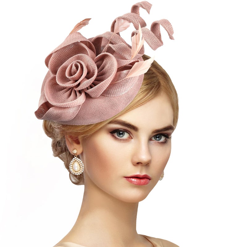 Zinniday 2026 Derby Fascinator Hat - Pink Victoria Church Kentucky Hats 1920s 50s Feather Vintage High Tea Party Cap with Hair Clip for Lady Women Girls Holiday Event Party Costume Accessories - Image 1