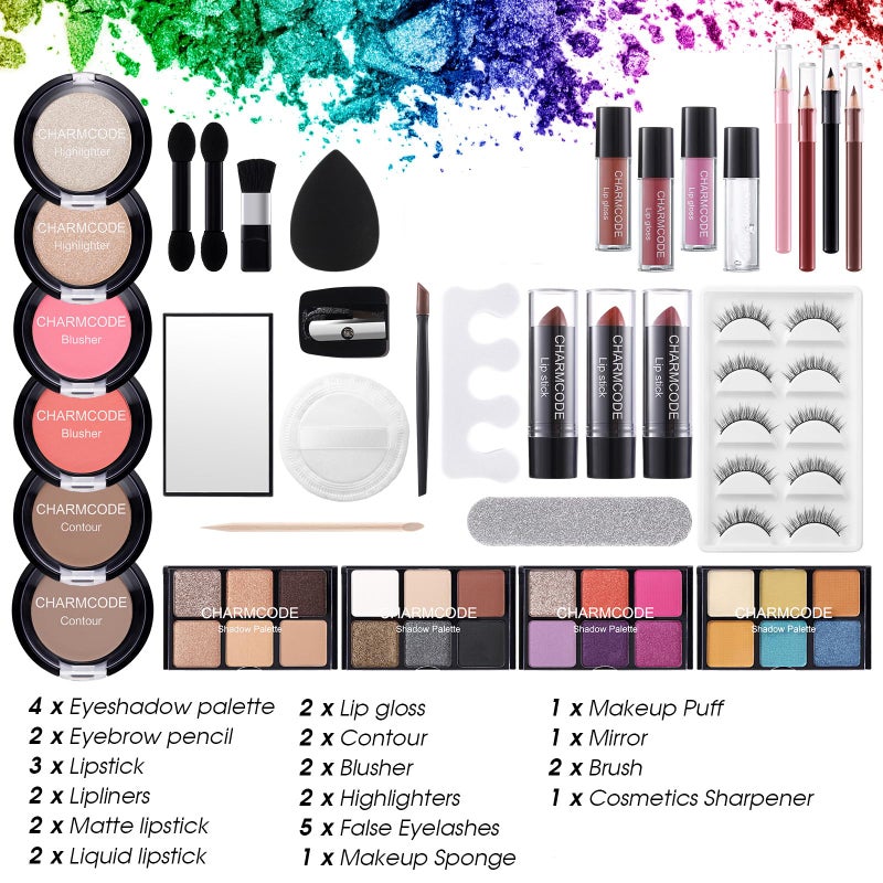 CHARMCODE Makeup Kit for Women Full Kit - Eyeshadow Palette, Lipsticks, Lipgloss, Blushes, Contour, Highlighters, Makeup Pencil, False Eyelashes, Re-usable Train Case Gift Set for Teen Girls Starters Pros - Image 2