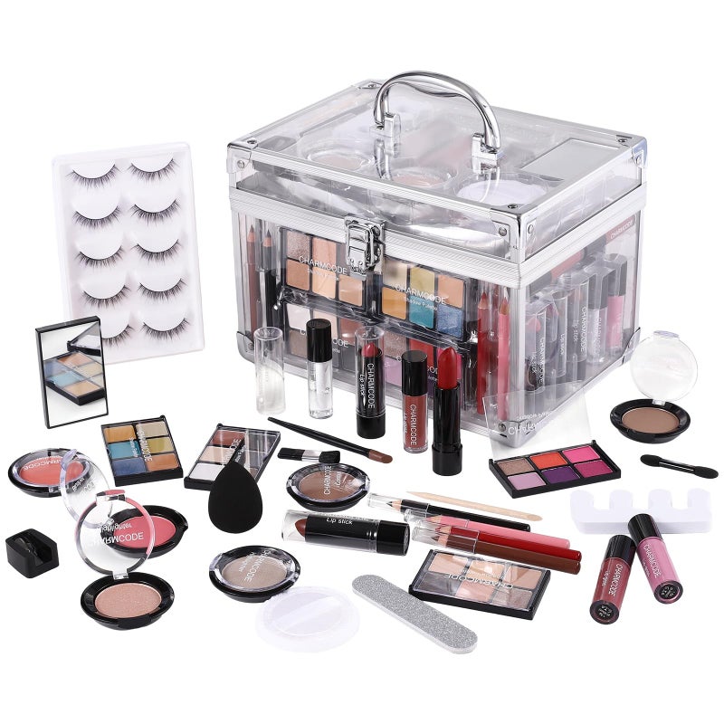 CHARMCODE Makeup Kit for Women Full Kit - Eyeshadow Palette, Lipsticks, Lipgloss, Blushes, Contour, Highlighters, Makeup Pencil, False Eyelashes, Re-usable Train Case Gift Set for Teen Girls Starters Pros - Image 1