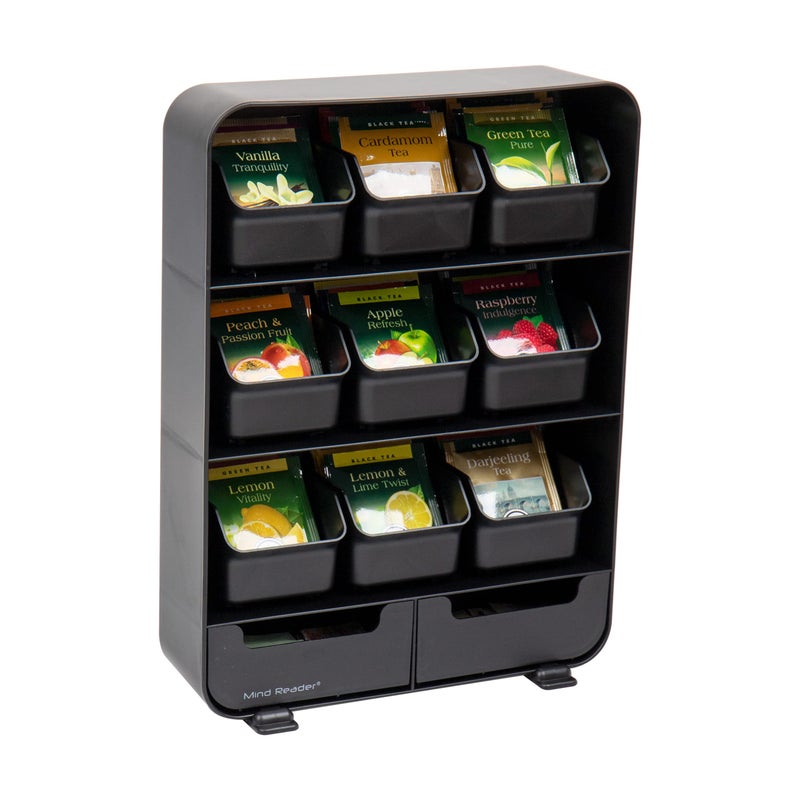 Mind Reader Tea Bag Organizer, Tea Station Organizer, Countertop Storage, Kitchen, Plastic, 10.25"L x 3.25"W x 13.75"H, Black - Image 1