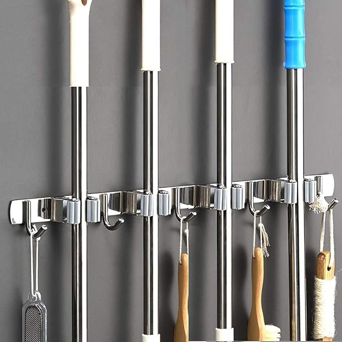 vulrian Broom And Mop Holder Stainless Steel Silver Wall Mount For Home Garage Bedroom Shelves Storage Organizer 4 Rack 5 Hooks1pcs - Image 1