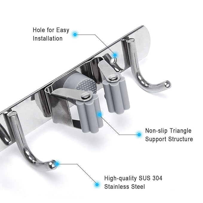 vulrian Broom And Mop Holder Stainless Steel Silver Wall Mount For Home Garage Bedroom Shelves Storage Organizer 4 Rack 5 Hooks1pcs - Image 4