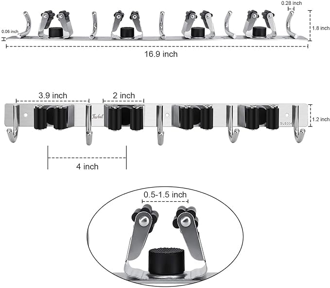 vulrian Broom And Mop Holder Stainless Steel Silver Wall Mount For Home Garage Bedroom Shelves Storage Organizer 4 Rack 5 Hooks1pcs - Image 3