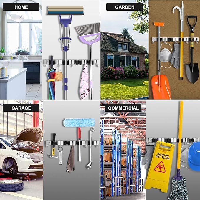 vulrian Broom And Mop Holder Stainless Steel Silver Wall Mount For Home Garage Bedroom Shelves Storage Organizer 4 Rack 5 Hooks1pcs - Image 5