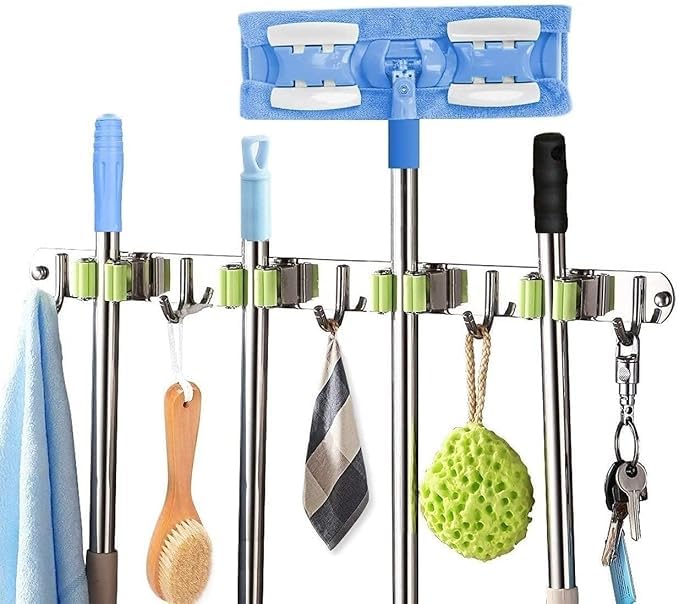 vulrian Broom And Mop Holder Stainless Steel Silver Wall Mount For Home Garage Bedroom Shelves Storage Organizer 4 Rack 5 Hooks1pcs - Image 2
