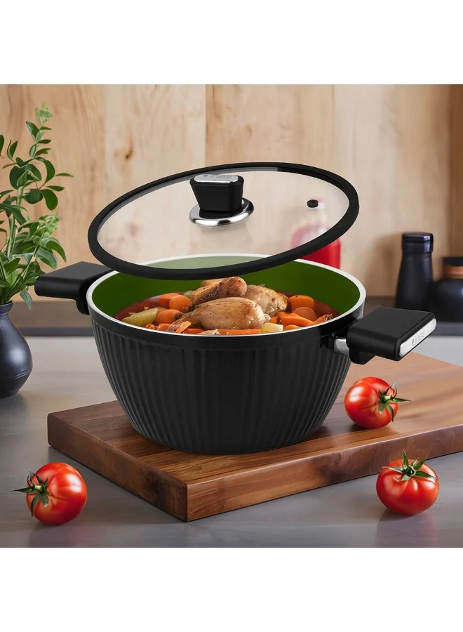 DANUBE HOME Lines Casserole Black 20 CM with Titanium Teflon Coating – Non-Stick, PFOA-Free Cookware for Kitchen – Durable, Easy-Clean, Heat Resistant Casserole
