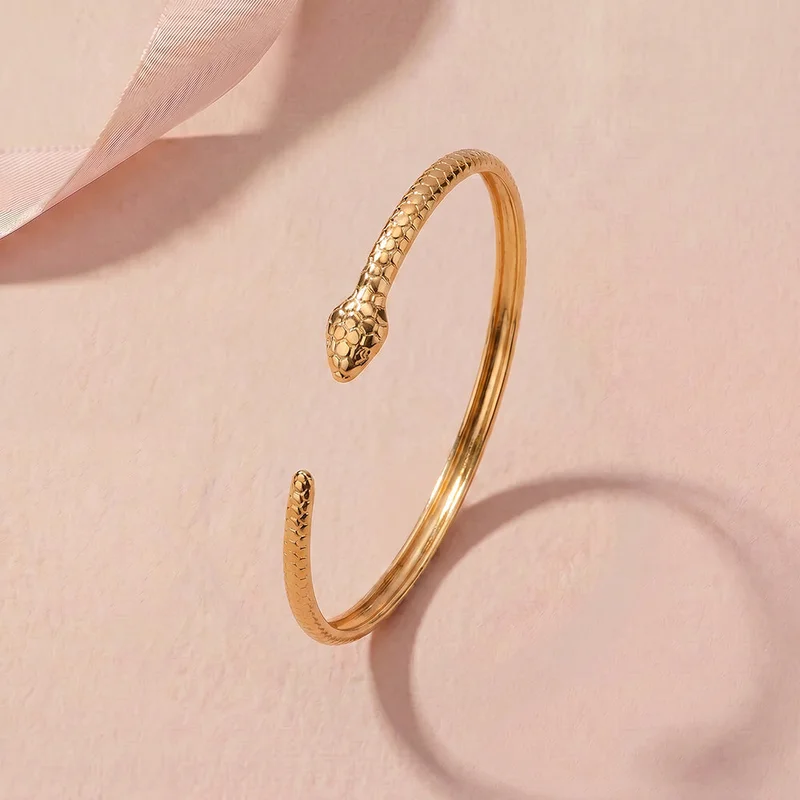 بالموناس 18K Gold Tone Plated Texture Snake Curve Cuff Bracelet For Women - Waterproof & Anti-Tarnish
