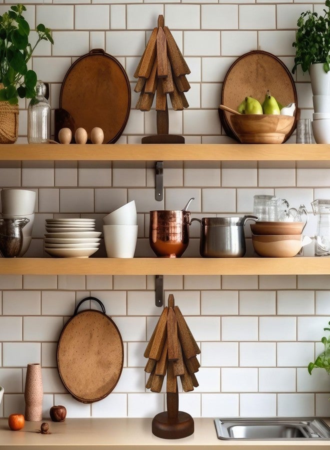 Suzile 2 Set Wooden Trivets for Hot Dishes Tree Shape Trivet Set 6 Wooden Trivets + 2 Stand Stored Wood Table Mat Foldable Tree Design Trivet Mats for Teapot Pans Bowl Kitchen Table(Brown) - Image 2