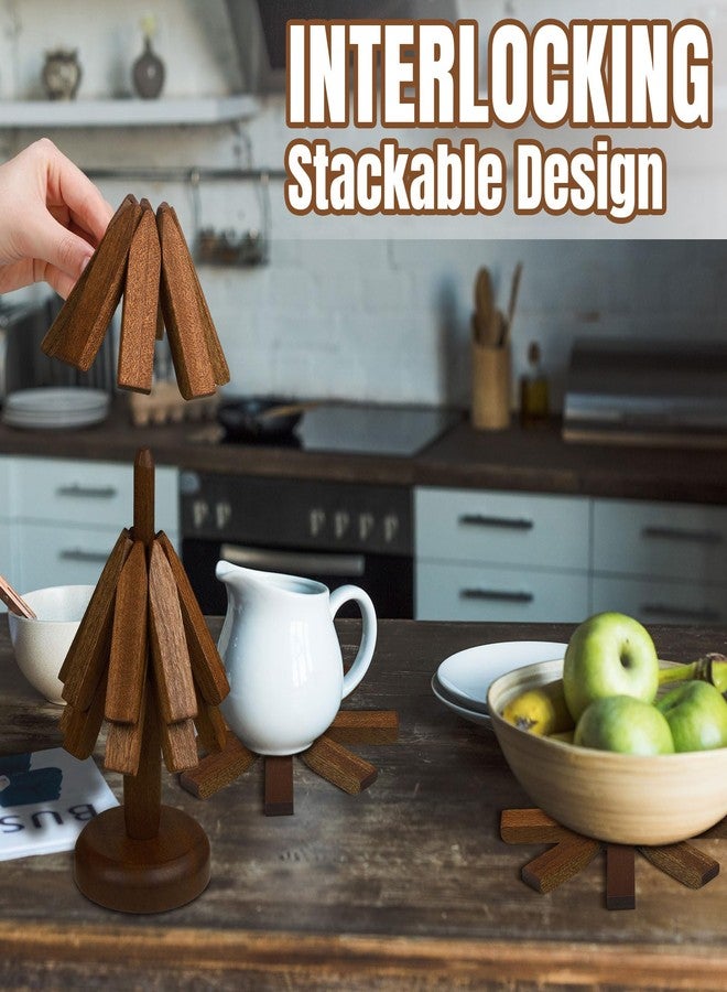 Suzile 2 Set Wooden Trivets for Hot Dishes Tree Shape Trivet Set 6 Wooden Trivets + 2 Stand Stored Wood Table Mat Foldable Tree Design Trivet Mats for Teapot Pans Bowl Kitchen Table(Brown) - Image 3