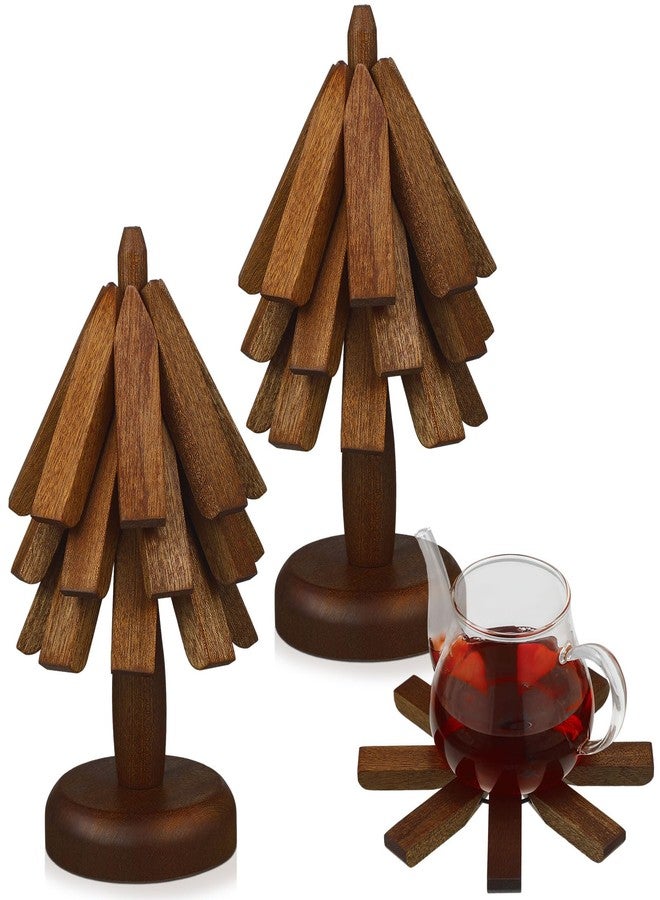 Suzile 2 Set Wooden Trivets for Hot Dishes Tree Shape Trivet Set 6 Wooden Trivets + 2 Stand Stored Wood Table Mat Foldable Tree Design Trivet Mats for Teapot Pans Bowl Kitchen Table(Brown) - Image 1