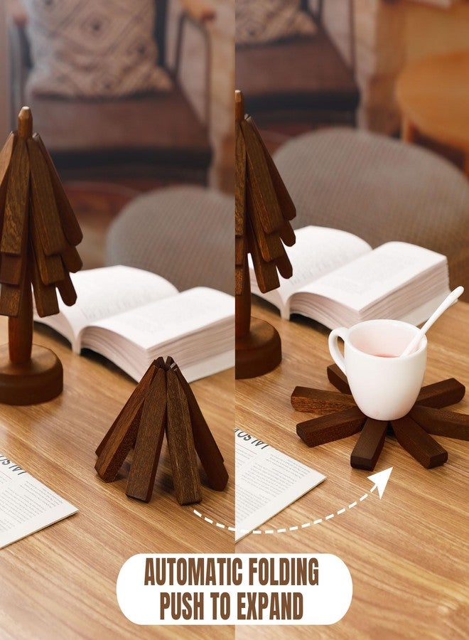 Suzile 2 Set Wooden Trivets for Hot Dishes Tree Shape Trivet Set 6 Wooden Trivets + 2 Stand Stored Wood Table Mat Foldable Tree Design Trivet Mats for Teapot Pans Bowl Kitchen Table(Brown) - Image 5