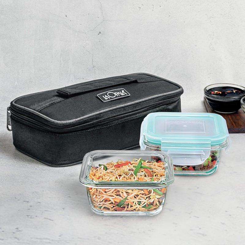 La Opala Cook Serve Store 100% Borosilicate Glass Horizontal Lunch Box with Bag | Set of 2, 320 ml Each, Square | with Leak Proof Snap Lid | Tiffin for Office & College | Microwave Proof, Transparent - Image 4